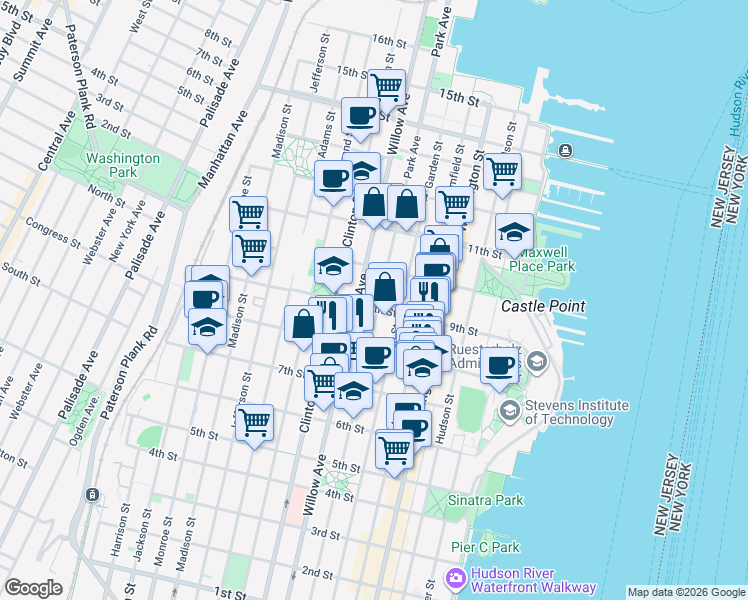 map of restaurants, bars, coffee shops, grocery stores, and more near 836 Park Avenue in Hoboken