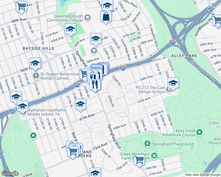 map of restaurants, bars, coffee shops, grocery stores, and more near 64-7 223rd Place in Queens
