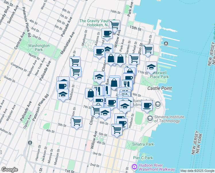 map of restaurants, bars, coffee shops, grocery stores, and more near 836 Park Avenue in Hoboken