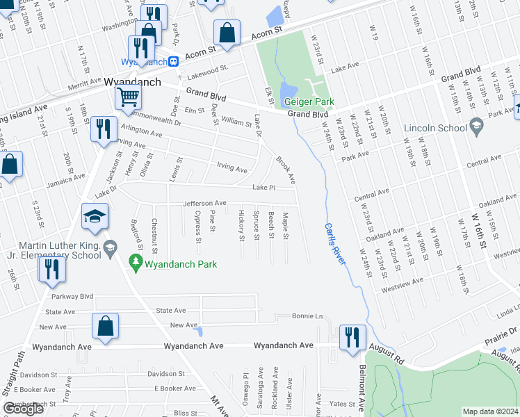 map of restaurants, bars, coffee shops, grocery stores, and more near 119 Jefferson Avenue in Wyandanch