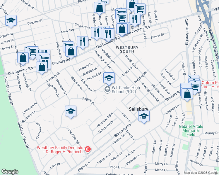 map of restaurants, bars, coffee shops, grocery stores, and more near 740 Edgewood Drive in Westbury
