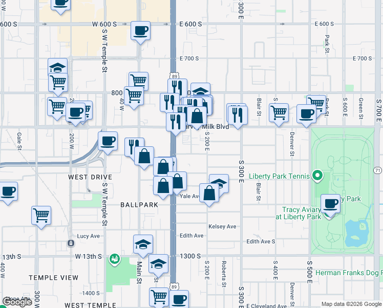 map of restaurants, bars, coffee shops, grocery stores, and more near 976 South 200 West in Salt Lake City