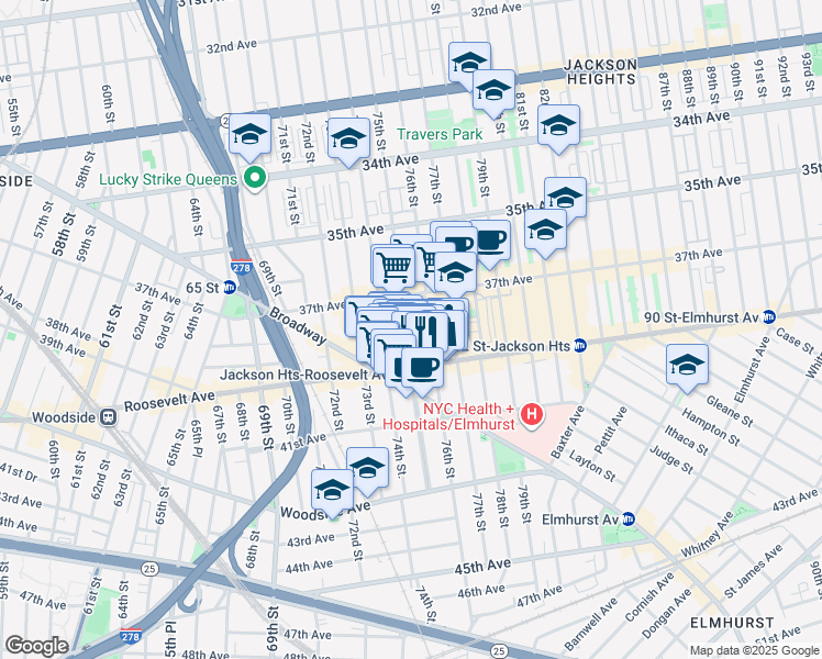 map of restaurants, bars, coffee shops, grocery stores, and more near 37-33 75th Street in Queens