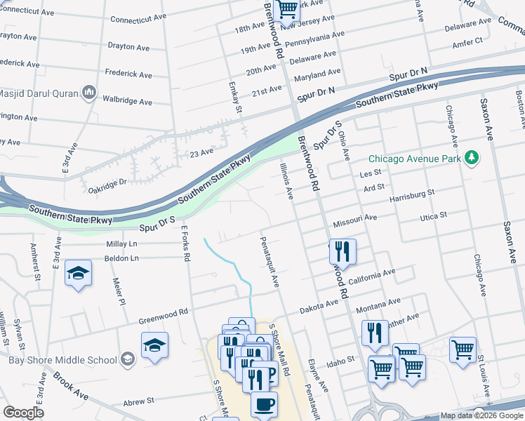 map of restaurants, bars, coffee shops, grocery stores, and more near 133 Newbrook Lane in Bay Shore