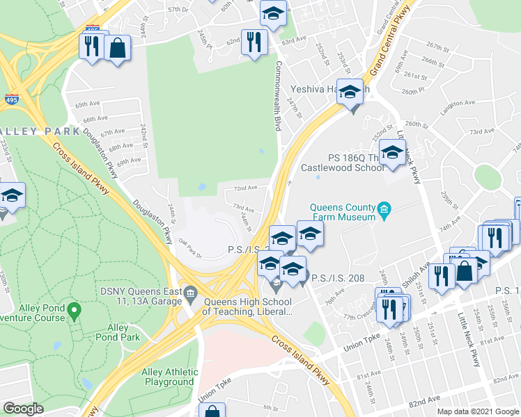 map of restaurants, bars, coffee shops, grocery stores, and more near 244-23 73rd Avenue in Queens
