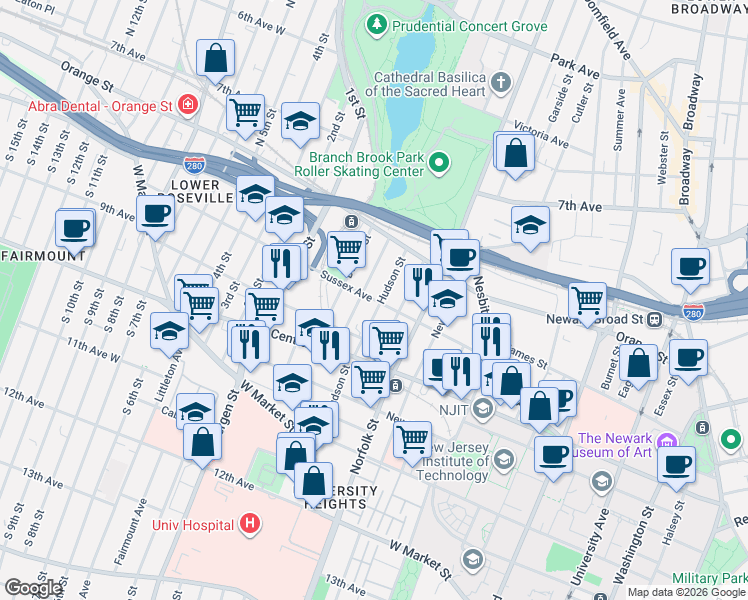 map of restaurants, bars, coffee shops, grocery stores, and more near 67 Hudson Street in Newark