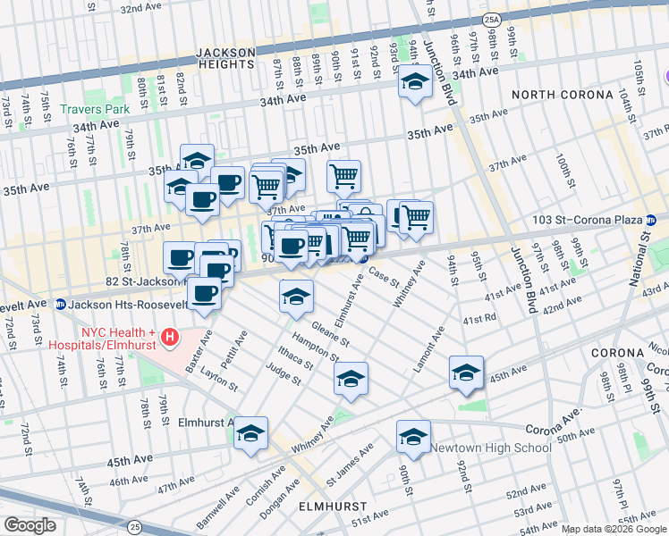 map of restaurants, bars, coffee shops, grocery stores, and more near in Queens