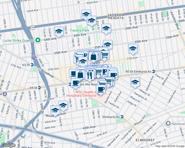 map of restaurants, bars, coffee shops, grocery stores, and more near in Queens