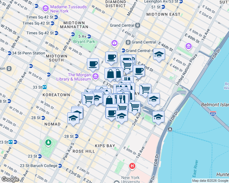 map of restaurants, bars, coffee shops, grocery stores, and more near in New York