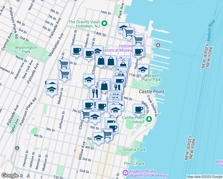 map of restaurants, bars, coffee shops, grocery stores, and more near 167 9th Street in Hoboken