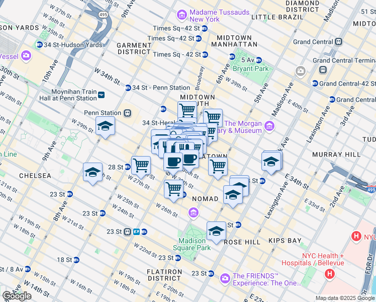 map of restaurants, bars, coffee shops, grocery stores, and more near 1265 Broadway in New York