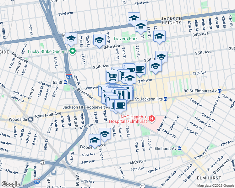 map of restaurants, bars, coffee shops, grocery stores, and more near 76-01 Roosevelt Avenue in Queens