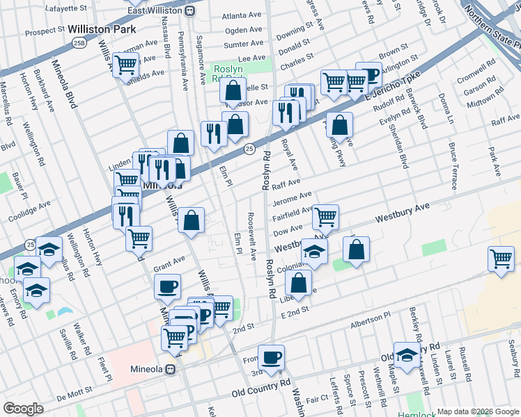 map of restaurants, bars, coffee shops, grocery stores, and more near 187 Roslyn Road in Mineola