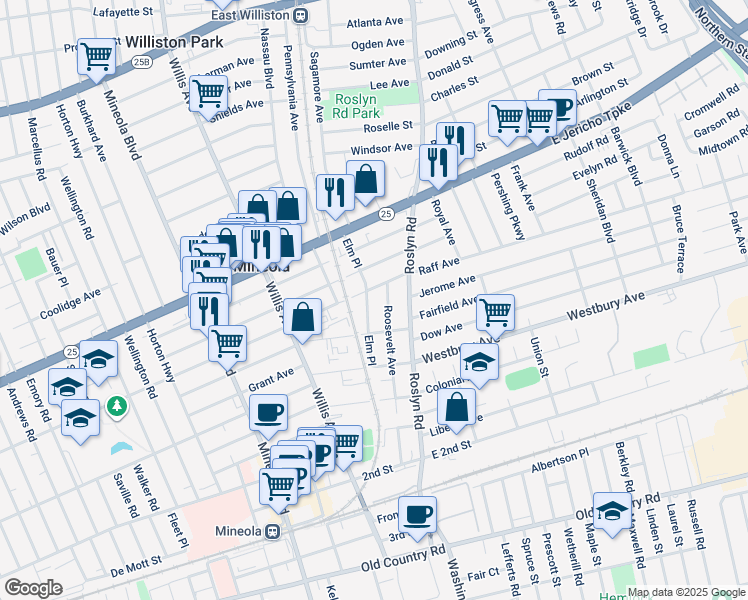 map of restaurants, bars, coffee shops, grocery stores, and more near 206 Elm Place in Mineola