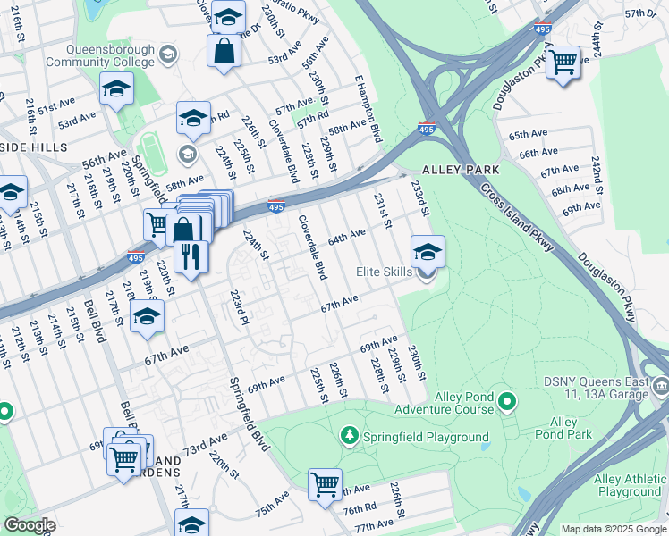 map of restaurants, bars, coffee shops, grocery stores, and more near 64-56 228th Street in Queens