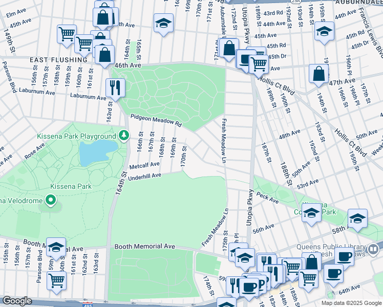 map of restaurants, bars, coffee shops, grocery stores, and more near 170-03 Underhill Avenue in Queens
