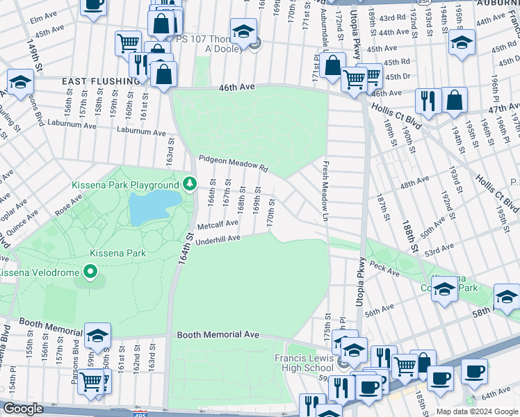 map of restaurants, bars, coffee shops, grocery stores, and more near 49-40 170th Street in Queens