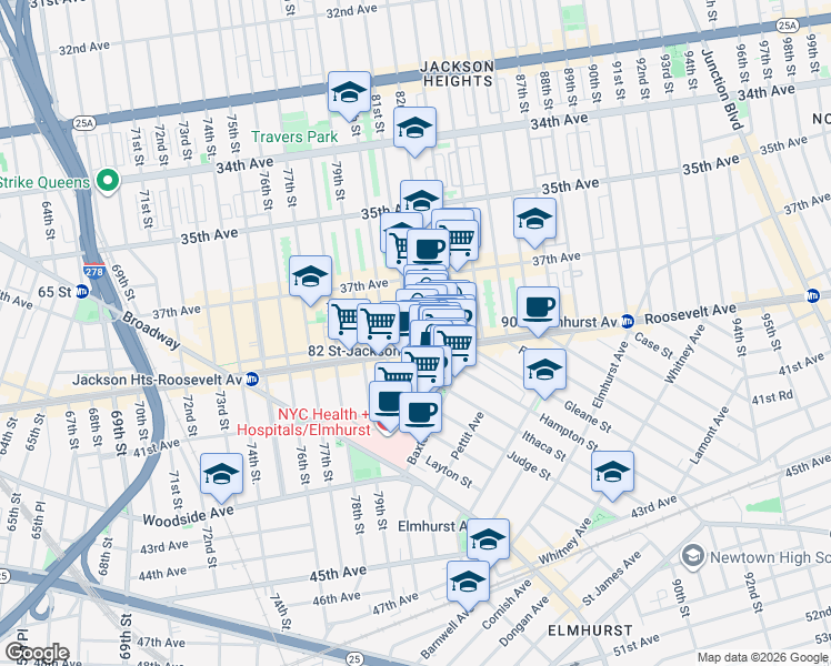map of restaurants, bars, coffee shops, grocery stores, and more near in Queens