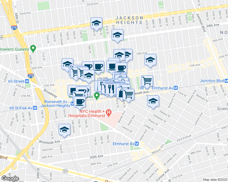 map of restaurants, bars, coffee shops, grocery stores, and more near 80-03 Roosevelt Avenue in Queens