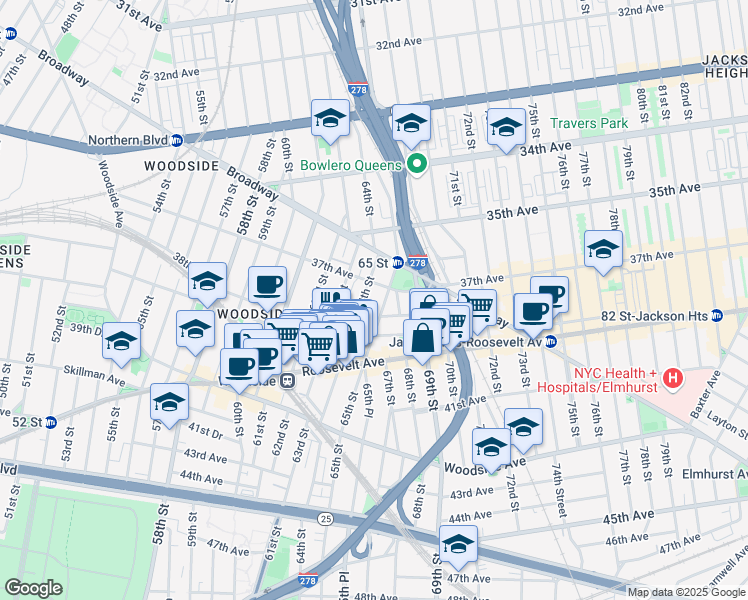 map of restaurants, bars, coffee shops, grocery stores, and more near 37-43 64th Street in Queens