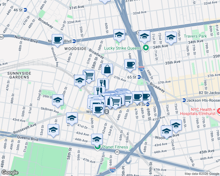map of restaurants, bars, coffee shops, grocery stores, and more near 38-03 61st Street in Queens