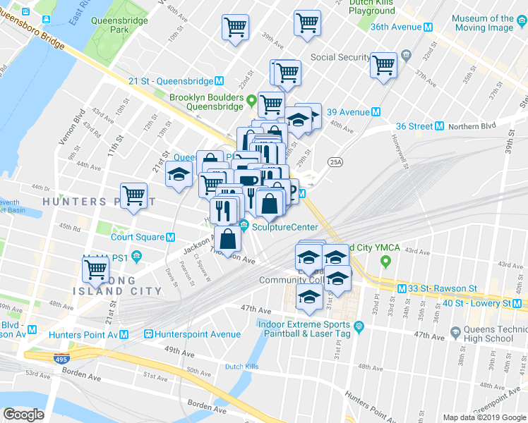 map of restaurants, bars, coffee shops, grocery stores, and more near 43-22 Queens Street in Queens