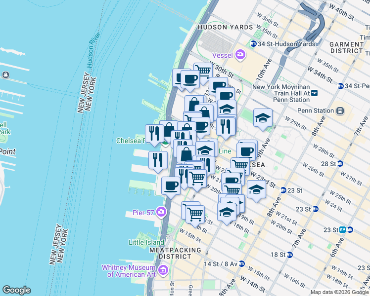 map of restaurants, bars, coffee shops, grocery stores, and more near 551 West 21st Street in New York