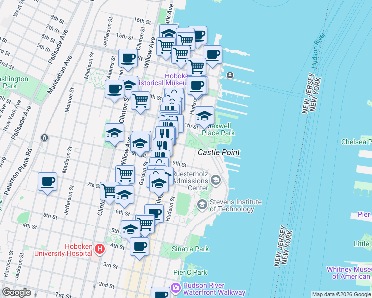 map of restaurants, bars, coffee shops, grocery stores, and more near 913 Hudson Street in Hoboken