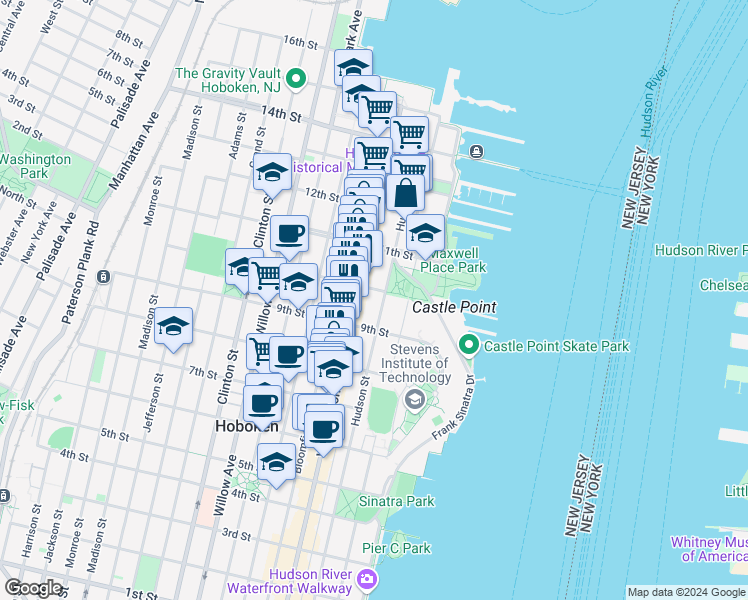 map of restaurants, bars, coffee shops, grocery stores, and more near 913 Hudson Street in Hoboken
