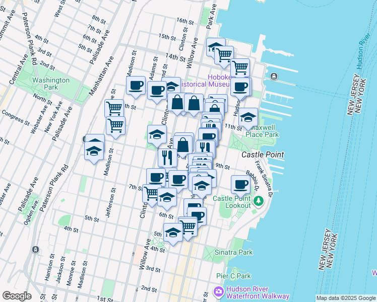 map of restaurants, bars, coffee shops, grocery stores, and more near 167 9th Street in Hoboken