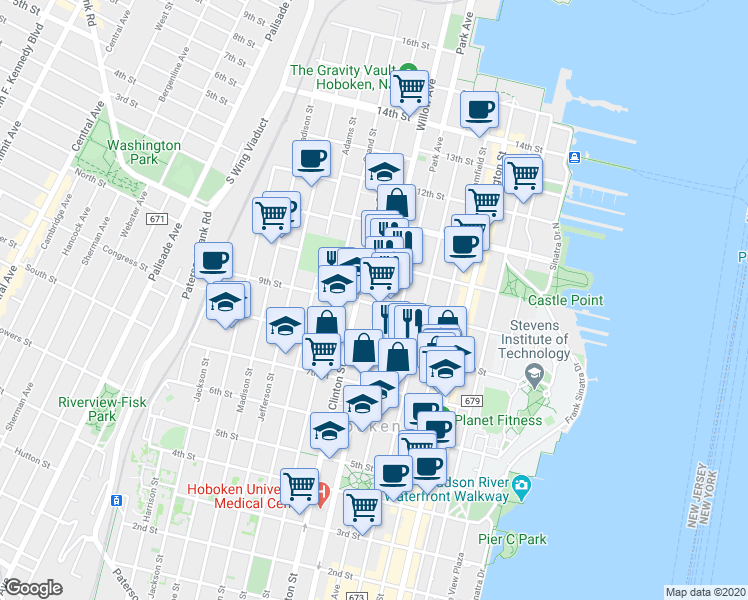 map of restaurants, bars, coffee shops, grocery stores, and more near 836 Park Avenue in Hoboken