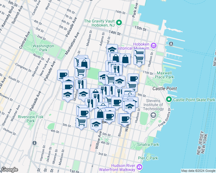 map of restaurants, bars, coffee shops, grocery stores, and more near in Hoboken