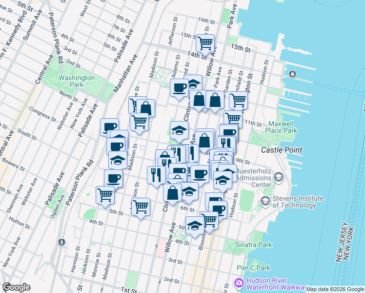 map of restaurants, bars, coffee shops, grocery stores, and more near in Hoboken