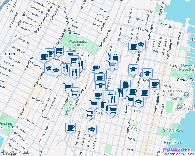 map of restaurants, bars, coffee shops, grocery stores, and more near 770 Jackson Street in Hoboken