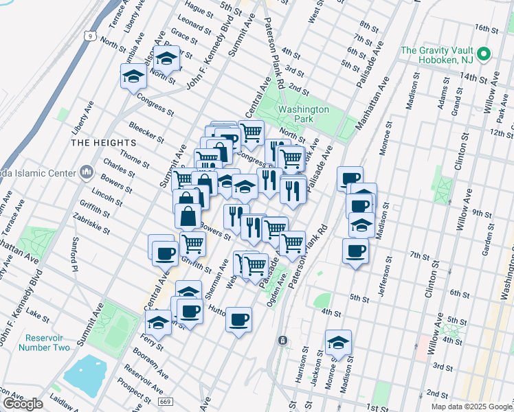 map of restaurants, bars, coffee shops, grocery stores, and more near 263 Webster Avenue in Jersey City