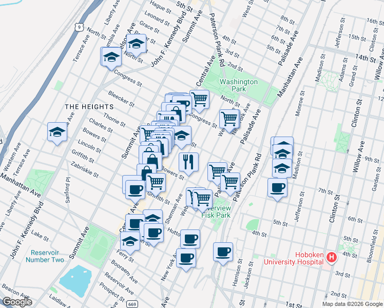 map of restaurants, bars, coffee shops, grocery stores, and more near 146 Hancock Avenue in Jersey City