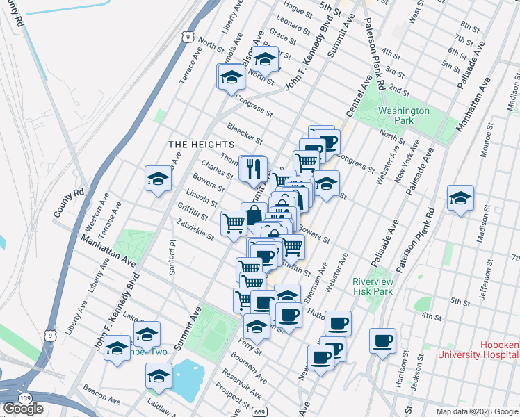 map of restaurants, bars, coffee shops, grocery stores, and more near in Jersey City