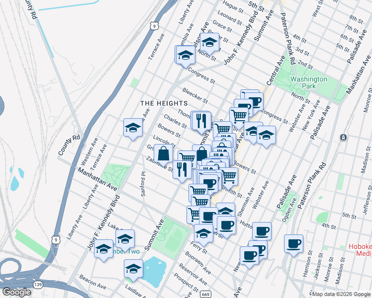 map of restaurants, bars, coffee shops, grocery stores, and more near 65 Lincoln Street in Jersey City