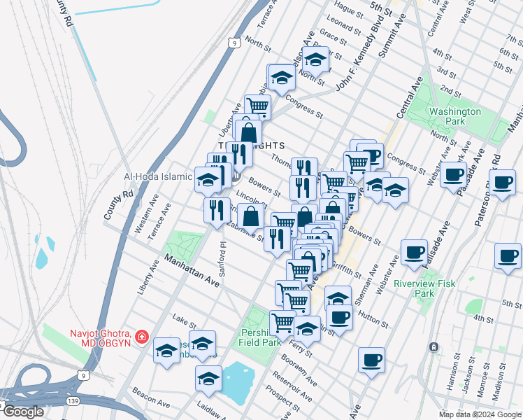 map of restaurants, bars, coffee shops, grocery stores, and more near 247 Griffith Street in Jersey City