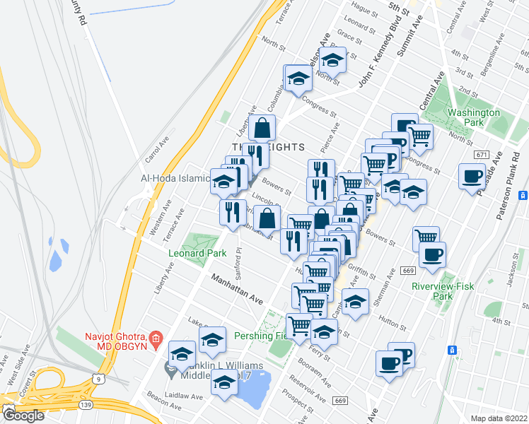 map of restaurants, bars, coffee shops, grocery stores, and more near 247 Griffith Street in Jersey City