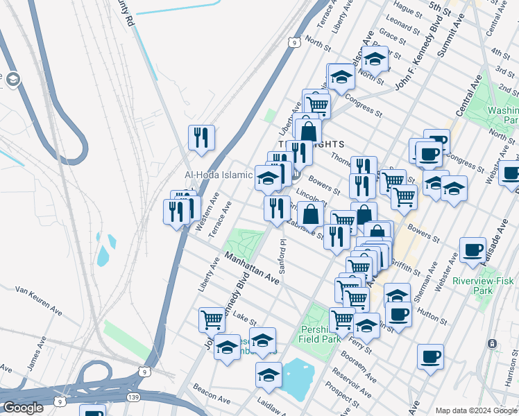 map of restaurants, bars, coffee shops, grocery stores, and more near 3371 John F. Kennedy Boulevard in Union City