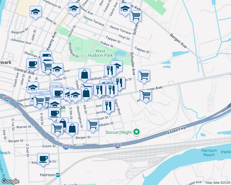 map of restaurants, bars, coffee shops, grocery stores, and more near 751 Harrison Avenue in Harrison
