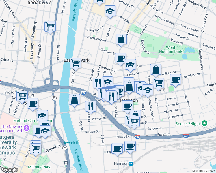 map of restaurants, bars, coffee shops, grocery stores, and more near 206B Hamilton Street in Harrison