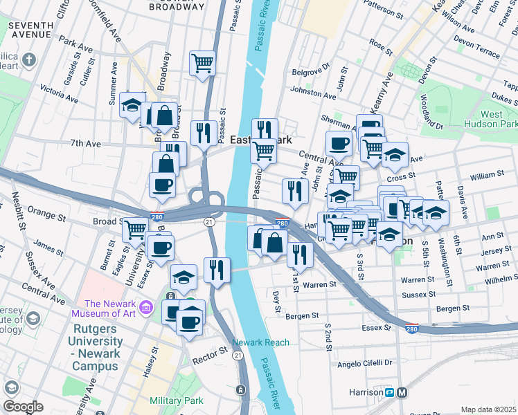 map of restaurants, bars, coffee shops, grocery stores, and more near 560 Passaic Avenue in Harrison