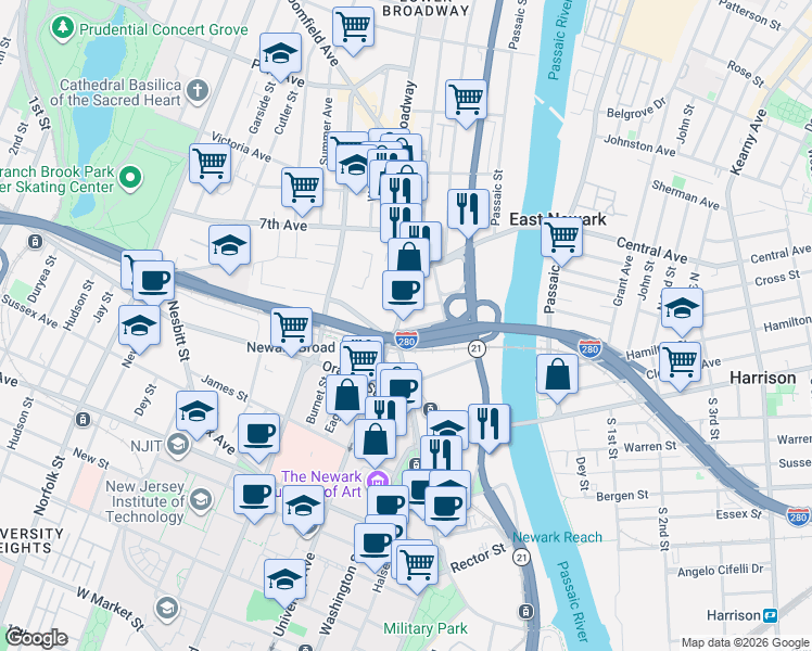 map of restaurants, bars, coffee shops, grocery stores, and more near in Newark