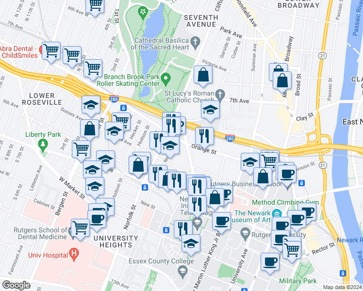 map of restaurants, bars, coffee shops, grocery stores, and more near 36 Nesbitt Street in Newark