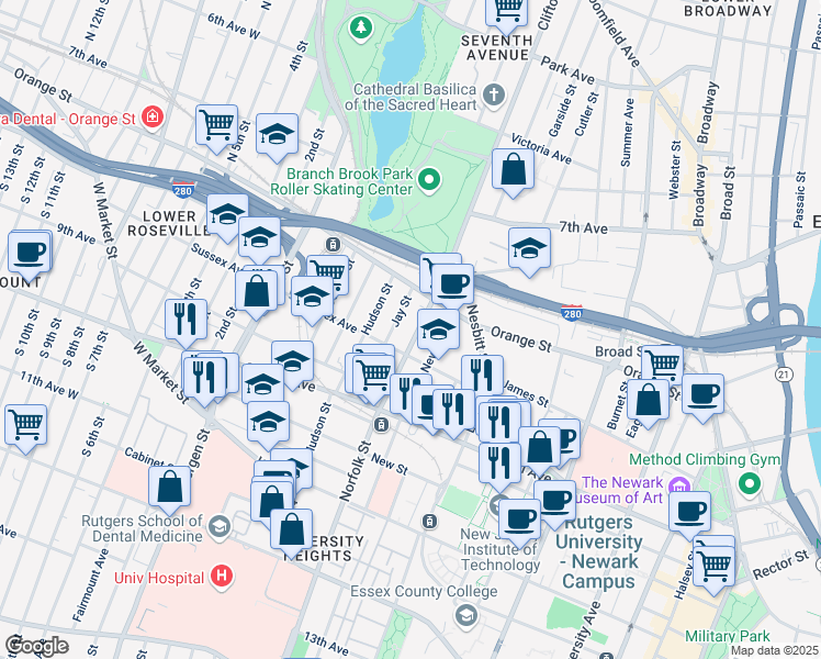 map of restaurants, bars, coffee shops, grocery stores, and more near 169 Sussex Avenue in Newark