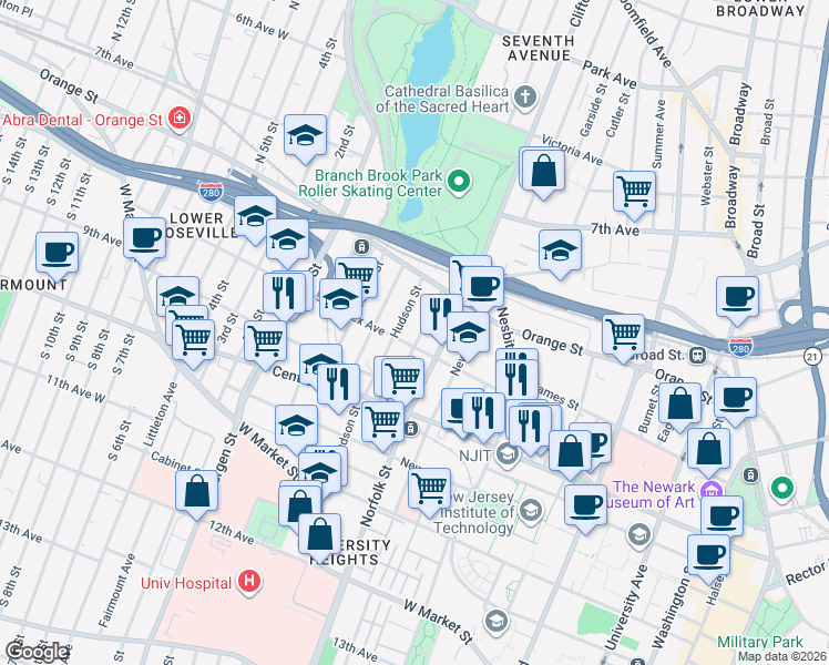 map of restaurants, bars, coffee shops, grocery stores, and more near 169 Sussex Avenue in Newark
