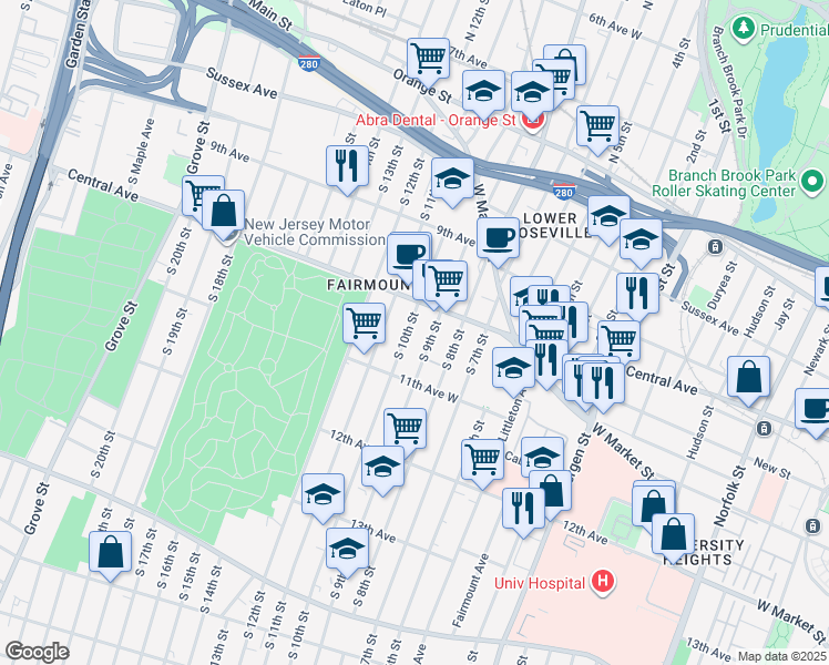 map of restaurants, bars, coffee shops, grocery stores, and more near 113 South 9th Street in Newark
