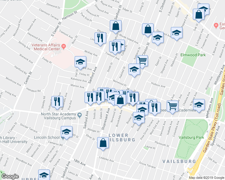 map of restaurants, bars, coffee shops, grocery stores, and more near 29 Halstead Street in Newark